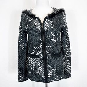 Cardigan Sweater With Faux Fur Trimmed Hood Black White Gray By ETHYL